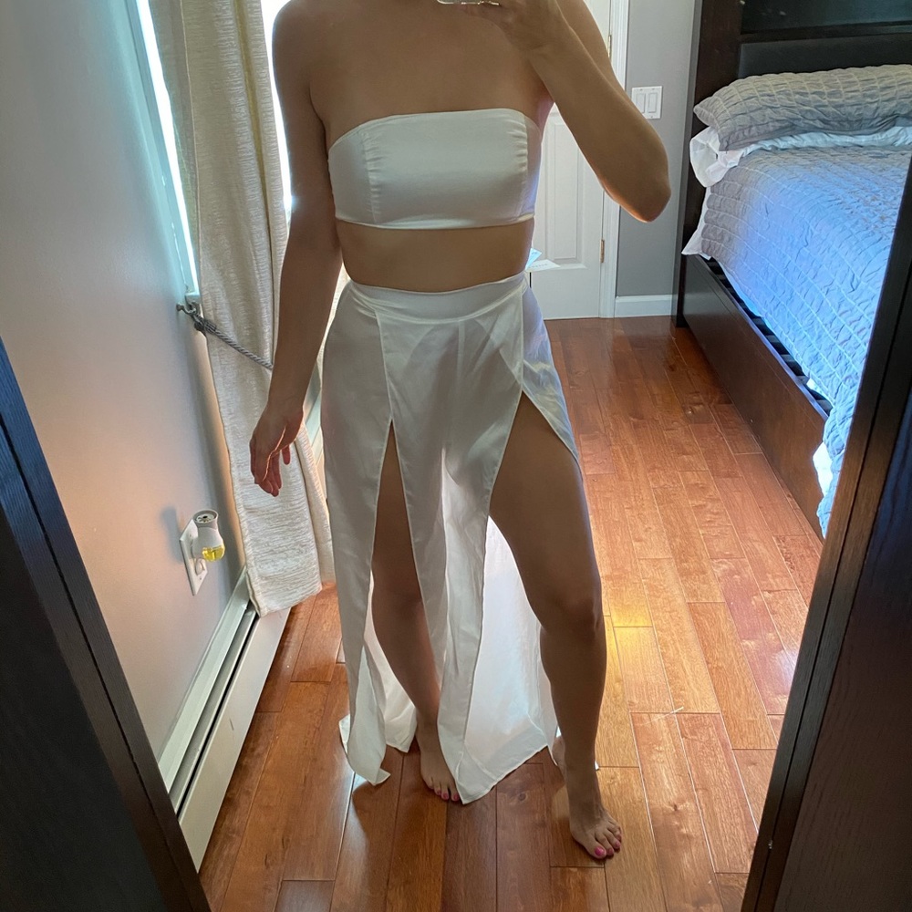 2 piece white pant and crop top set